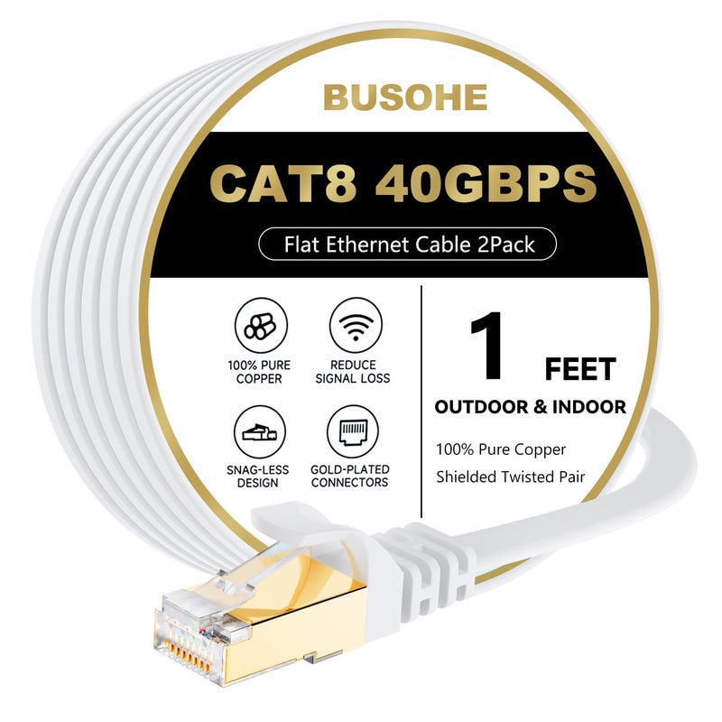 BUSOHE Cat 8 Ethernet Cable 1 FT 2Pack, 40Gbps 2000Mhz High Speed Flat Cat8 Cable Patch Cord with Gold-Plated RJ45 Connector, LAN Network Internet Cable for Router/Gaming/Computer, S/FTP - Image 1